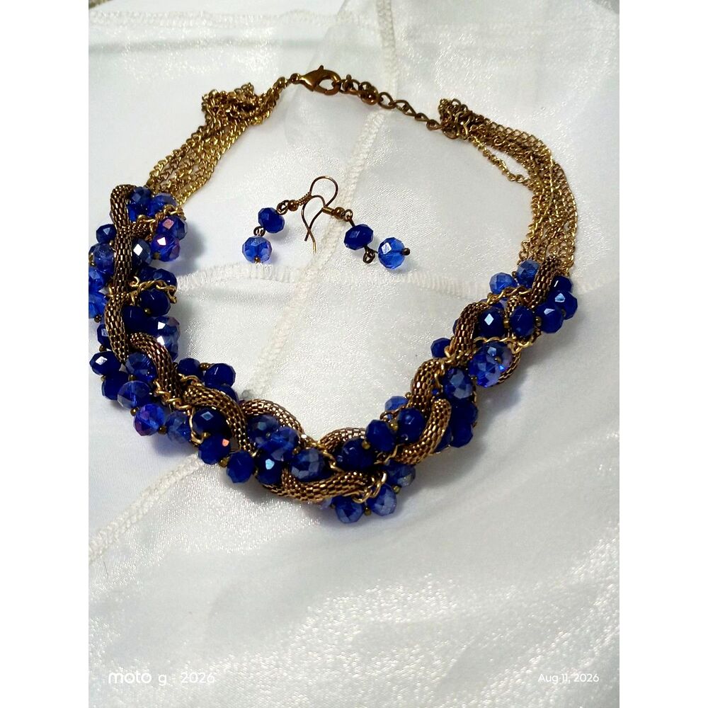 Vintage Royal Blue Beaded Multi-Strand Necklace  Gold & Blue Woven Collar Choker